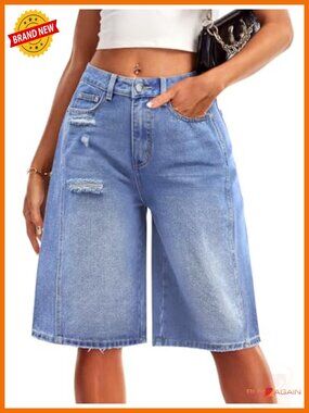 Wide Leg Bermuda Denim Shorts High Waisted Distressed Jean Shorts Women Casual